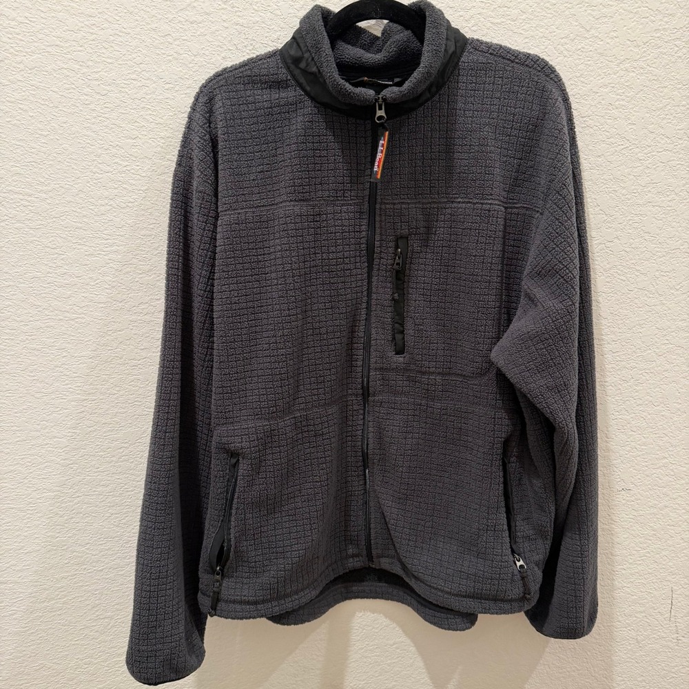 LL Bean Mens Full Zip Waffle Grid Fleece Jacket Charcoal Gray Mock Neck XL
